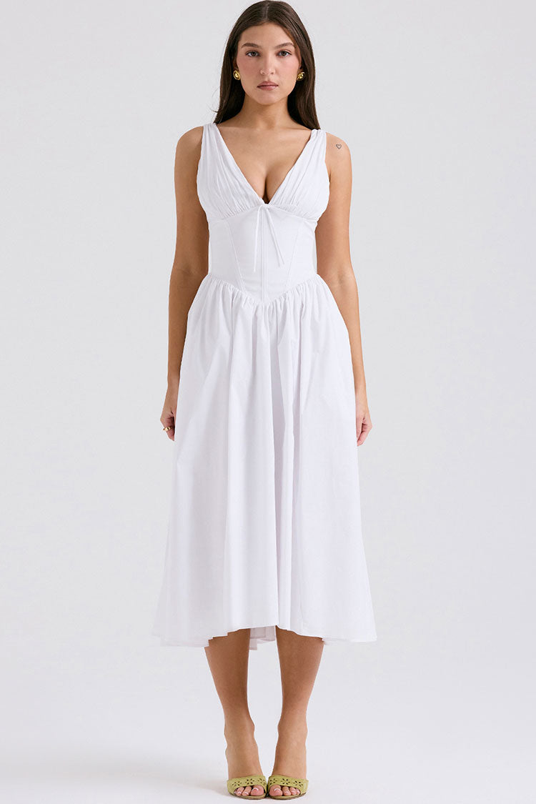 Sexy Bow Tie Deep V Ruched Drop Waist Pocket Corset Midi Sundress - White