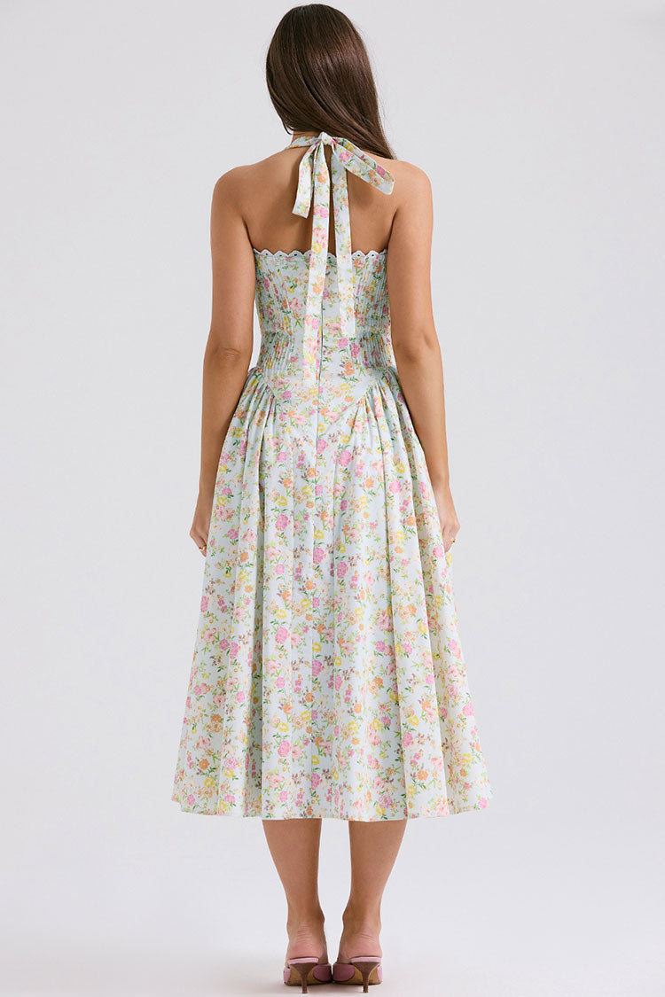 Sexy Bow Tie Halter Neck Pocket Smocked Summer Floral Midi Sundress - Green