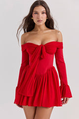 Sexy Bow Tie Off Shoulder Long Sleeve Drop Waist Mesh Panel Party Mini Dress - Red