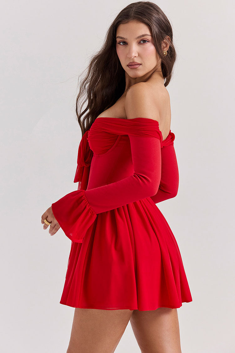 Sexy Bow Tie Off Shoulder Long Sleeve Drop Waist Mesh Panel Party Mini Dress - Red