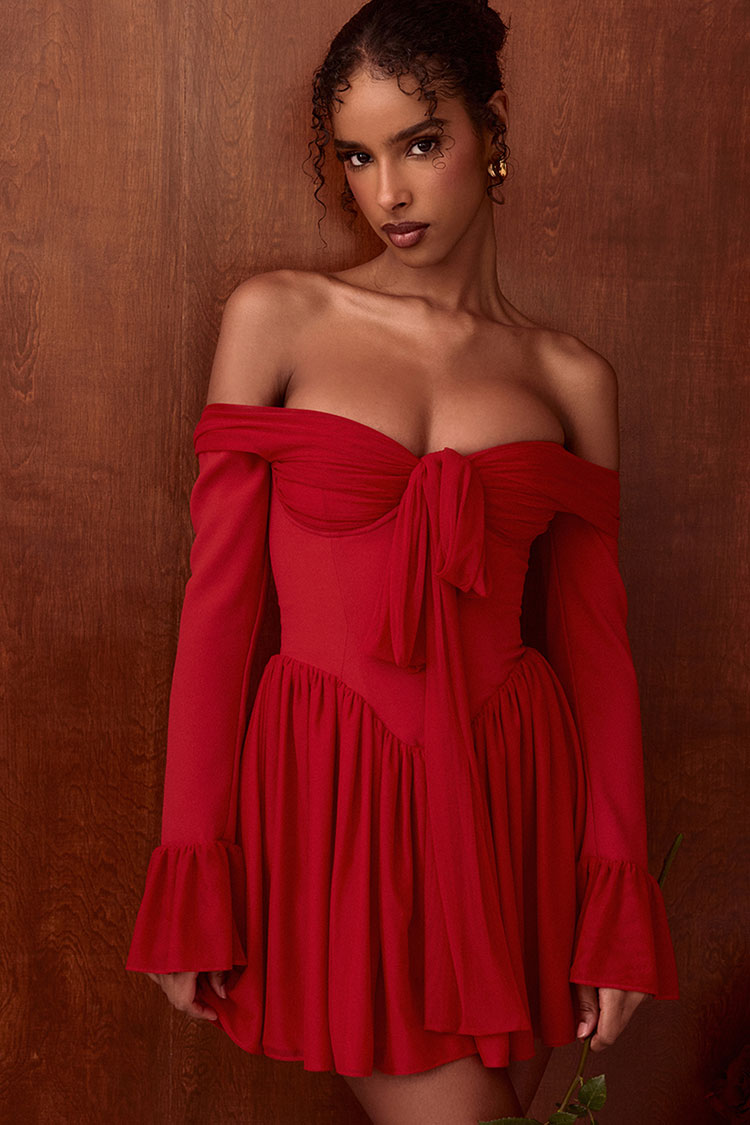 Sexy Bow Tie Off Shoulder Long Sleeve Drop Waist Mesh Panel Party Mini Dress - Red