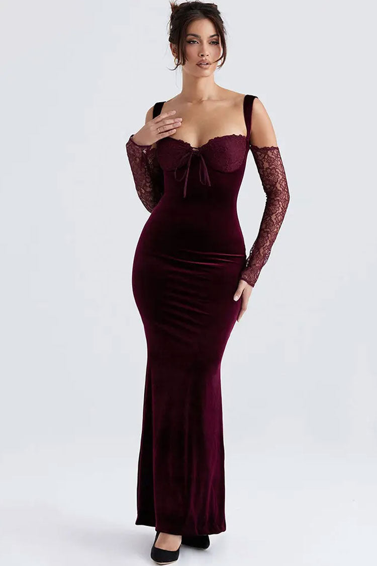 Sexy Bow Tie Sweetheart Cutout Shoulder Velvet Evening Maxi Dress - Burgundy