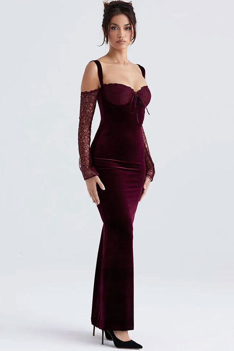 Sexy Bow Tie Sweetheart Cutout Shoulder Velvet Evening Maxi Dress - Burgundy