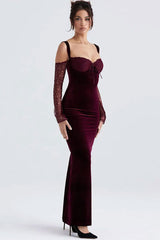 Sexy Bow Tie Sweetheart Cutout Shoulder Velvet Evening Maxi Dress - Burgundy