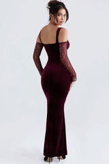 Sexy Bow Tie Sweetheart Cutout Shoulder Velvet Evening Maxi Dress - Burgundy