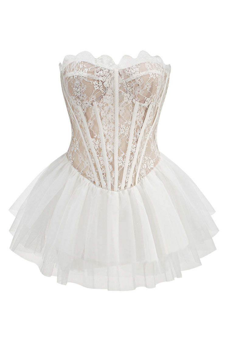 Sexy Bustier Strapless Laced Corset Tiered Ruffle Tulle Party Micro Mini Dress