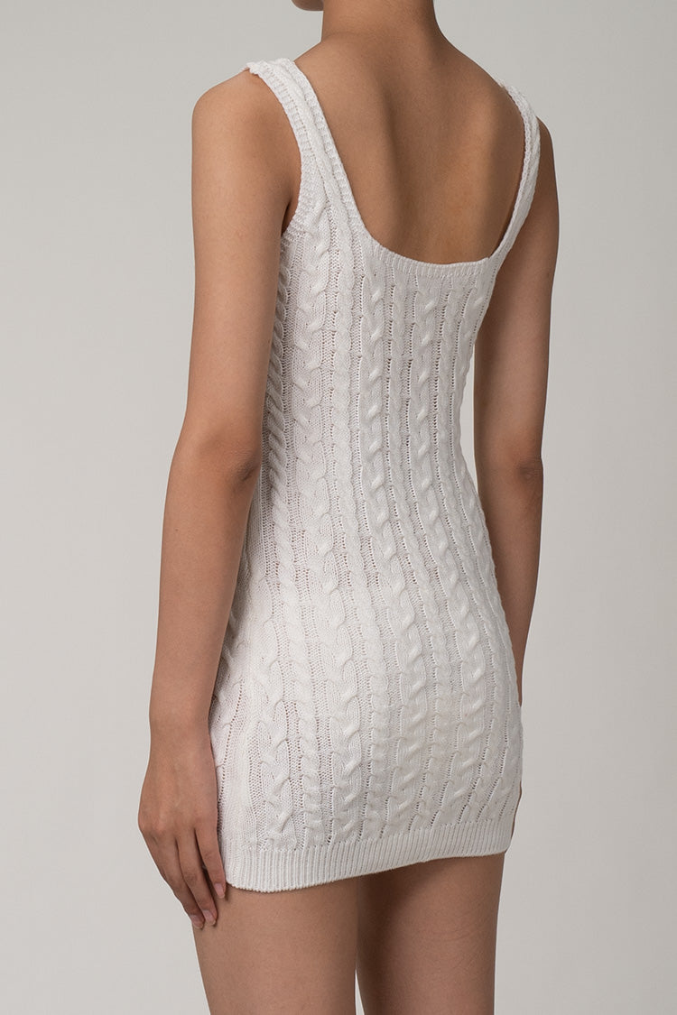 Sexy Cable Knit Sleeveless Mini Sweater Dress - White