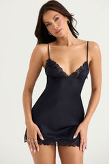 Sexy Club Lace Up Belt V Neck Lace Satin Slip Mini Dress - Black