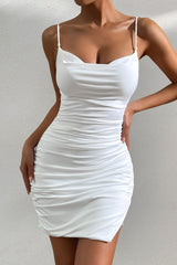 Sexy Cowl Neck Ruched Bodycon Cami Split Sleeveless Party Mini Dress - White