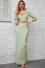 Sexy Crew Neck Long Sleeve Bandage Cutout Evening Maxi Dress - Light Green