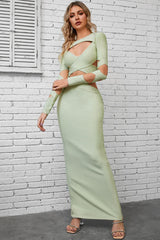 Sexy Crew Neck Long Sleeve Bandage Cutout Evening Maxi Dress - Light Green