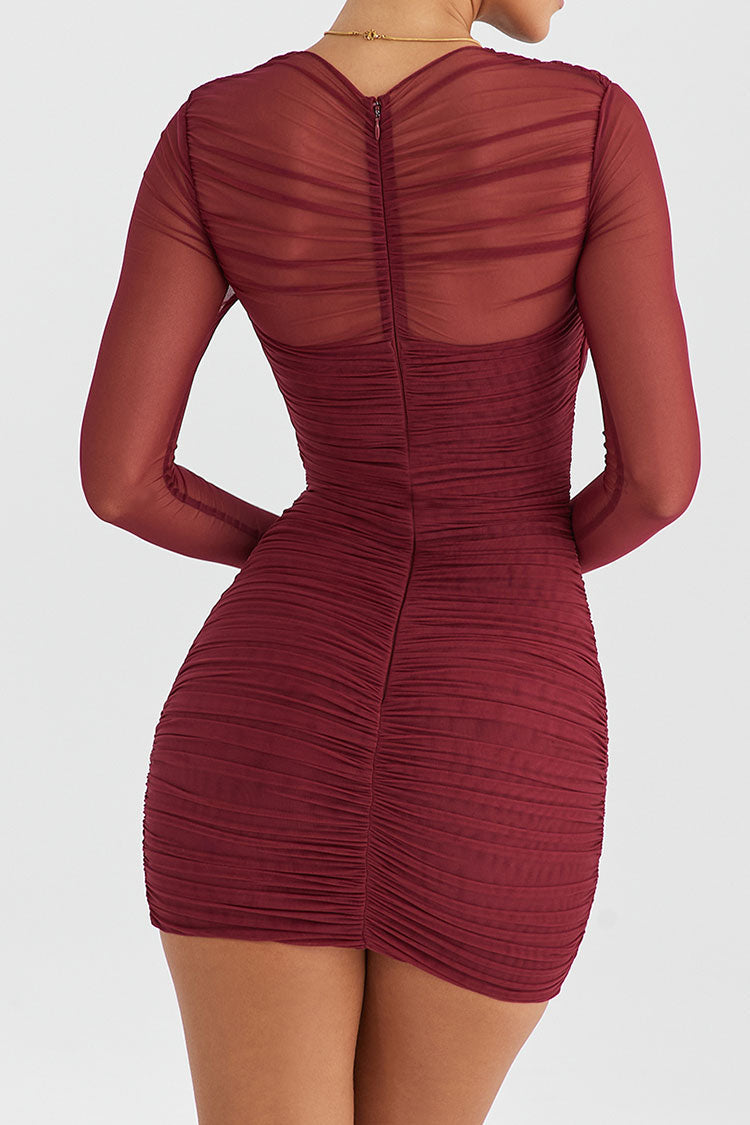 Sexy Crew Neck Sheer Mesh Long Sleeve Ruched Bodycon Party Mini Dress - Burgundy