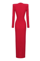 Sexy Deep V Crystal O Ring Long Sleeve Draped Jersey Evening Maxi Dress