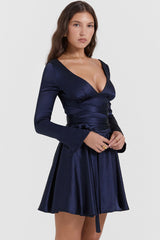 Sexy Deep V Long Sleeve Wrap Tie Waist Silky Satin Party Mini Dress - Navy Blue