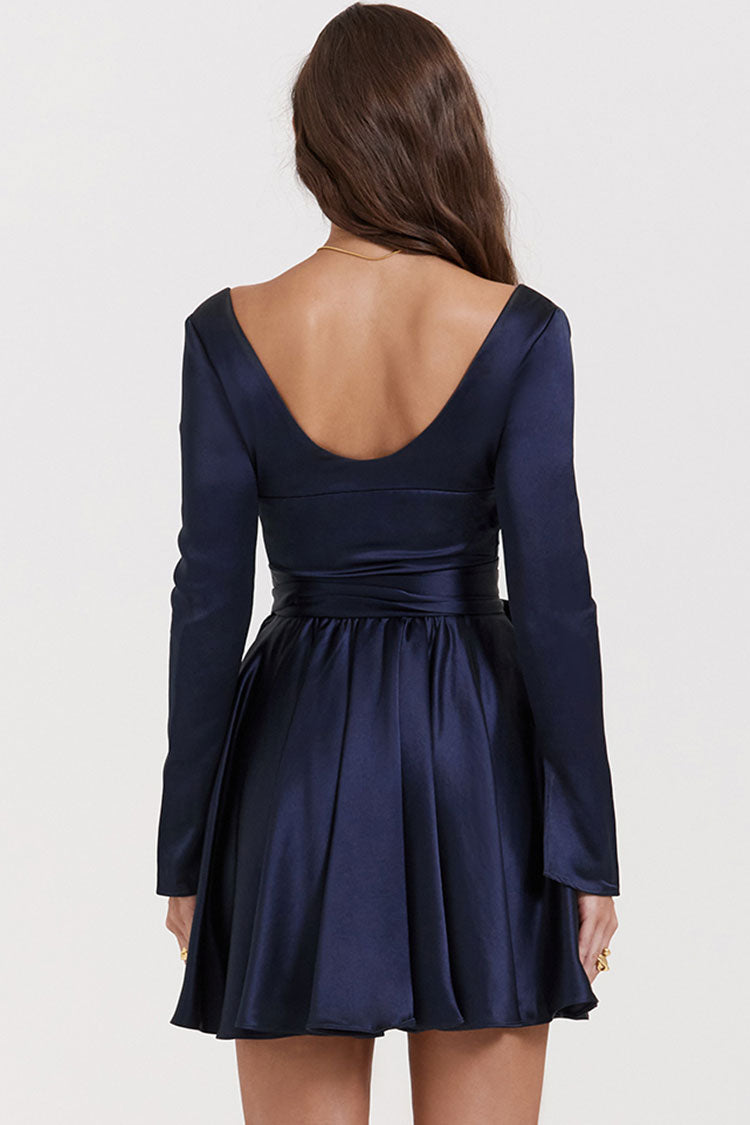 Sexy Deep V Long Sleeve Wrap Tie Waist Silky Satin Party Mini Dress - Navy Blue