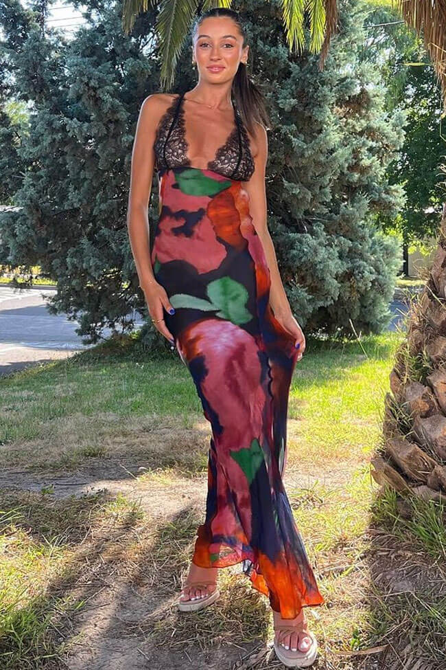 Sexy Deep V Printed Lace Chiffon Sheer Fishtail Slip Maxi Dress - Multicolor