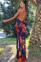 Sexy Deep V Printed Lace Chiffon Sheer Fishtail Slip Maxi Dress - Multicolor