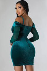 Sexy Deep V Sheer Sleeve Velvet Bodycon Corset Party Mini Dress - Emerald Green