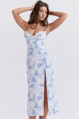 Sexy Eyelash Sweetheart Spaghetti Strap High Split Summer Floral Midi Sundress - Blue