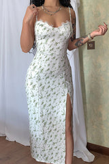 Sexy Eyelash Sweetheart Spaghetti Strap High Split Summer Floral Midi Sundress - Green