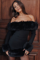 Sexy Faux Fur Off The Shoulder Long Sleeve Winter Bodycon Party Mini Dress - Black