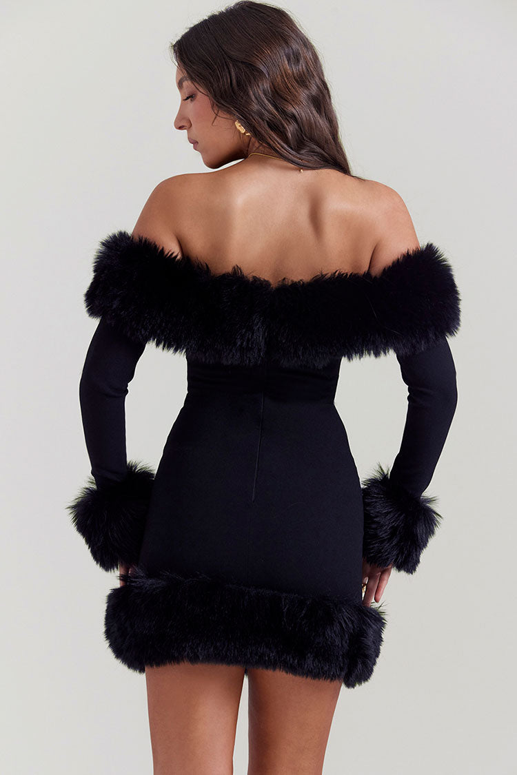 Sexy Faux Fur Off The Shoulder Long Sleeve Winter Bodycon Party Mini Dress - Black