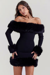 Sexy Faux Fur Off The Shoulder Long Sleeve Winter Bodycon Party Mini Dress - Black