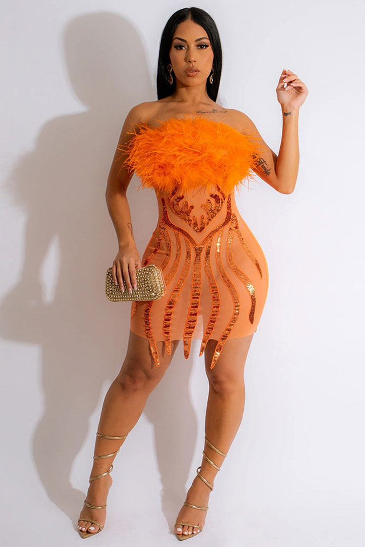 Sexy Faux Fur Strapless Sequin Sheer Mesh Club Mini Dress - Burnt Orange