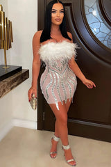 Sexy Faux Fur Strapless Sequin Sheer Mesh Club Mini Dress - White