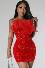 Sexy Feather Trim Strapless Bodycon Velvet Sequin Party Mini Dress - Red