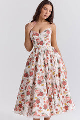 Sexy Floral Corset Bustier Fit & Flare Tulle Pocket Vacation Midi Sundress