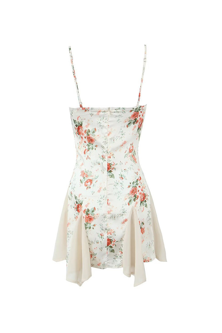 Sexy Floral Print Spaghetti Strap Lace Sweetheart Satin Godet Mini Sundress