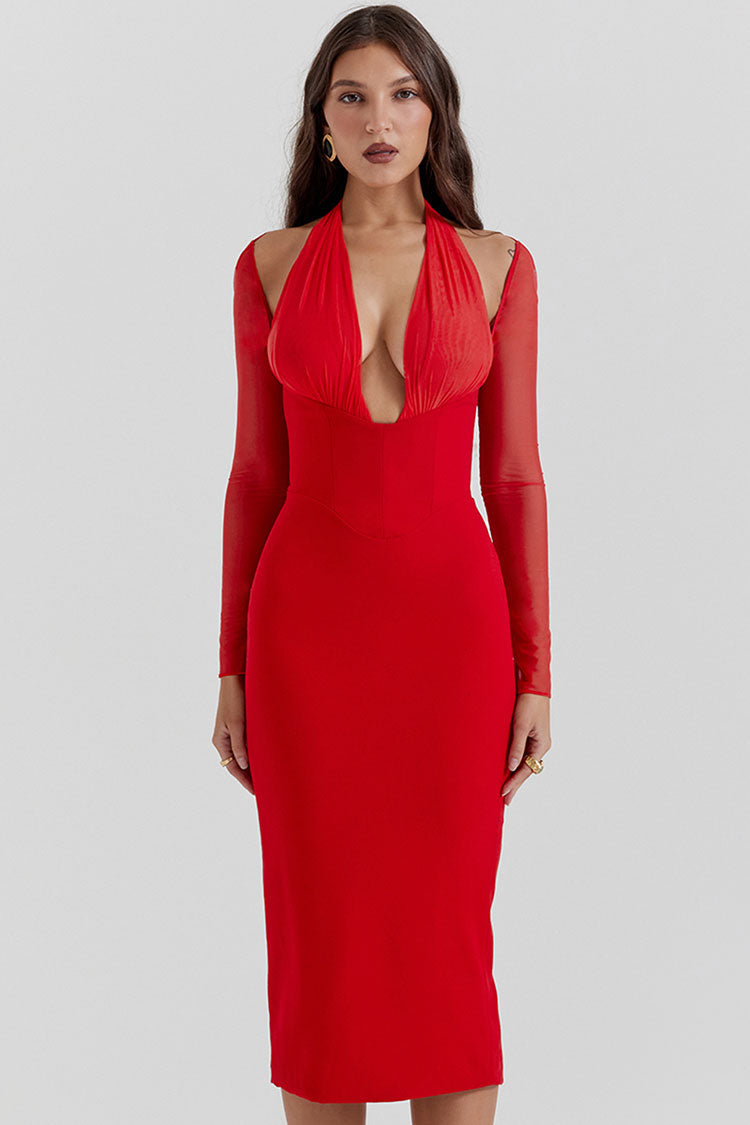 Sexy Halter Deep V Cold Shoulder Long Sleeve Bodycon Cocktail Party Midi Dress - Red