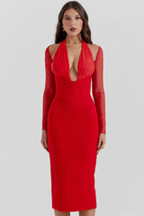 Sexy Halter Deep V Cold Shoulder Long Sleeve Bodycon Cocktail Party Midi Dress - Red