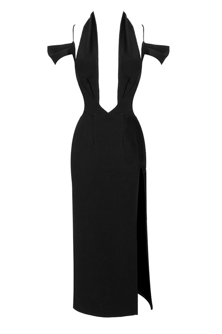 Sexy Halter V Neck Cutout Shoulder Bandage Split Cocktail Midi Dress - Black