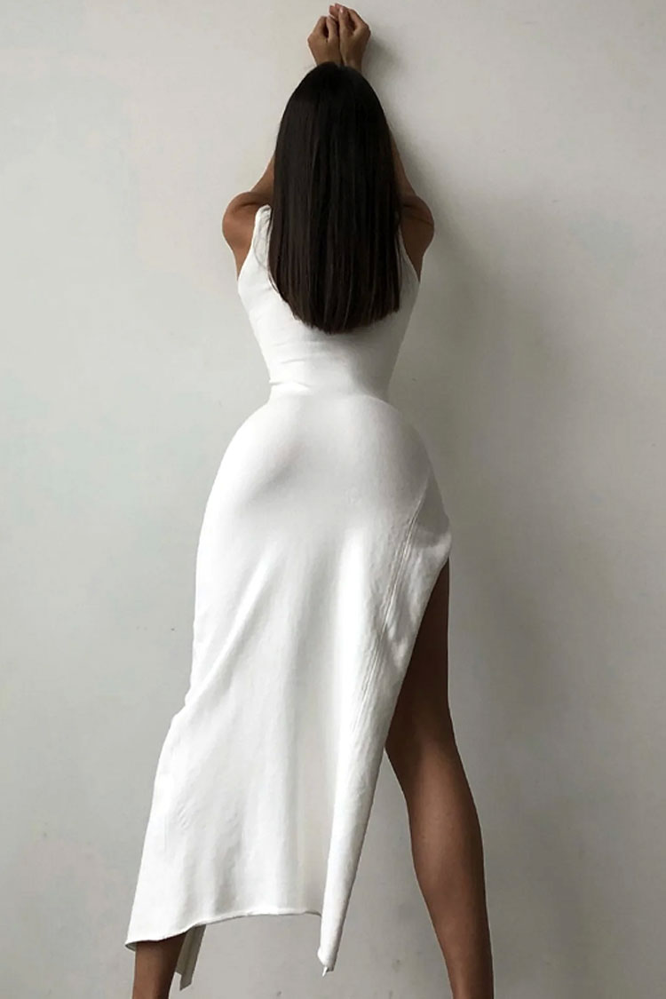 Sexy High Neck Sleeveless Bodycon High Split Party Midi Dress - White