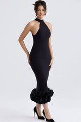 Sexy High Neck Sleeveless Bodycon Ruffle Cocktail Party Midi Dress - Black