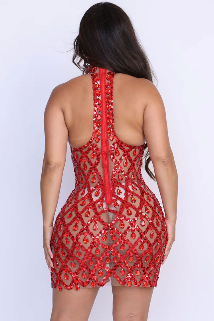 Sexy High Neck Sleeveless Sheer Mesh Rhinestone Sequin Party Mini Dress - Red