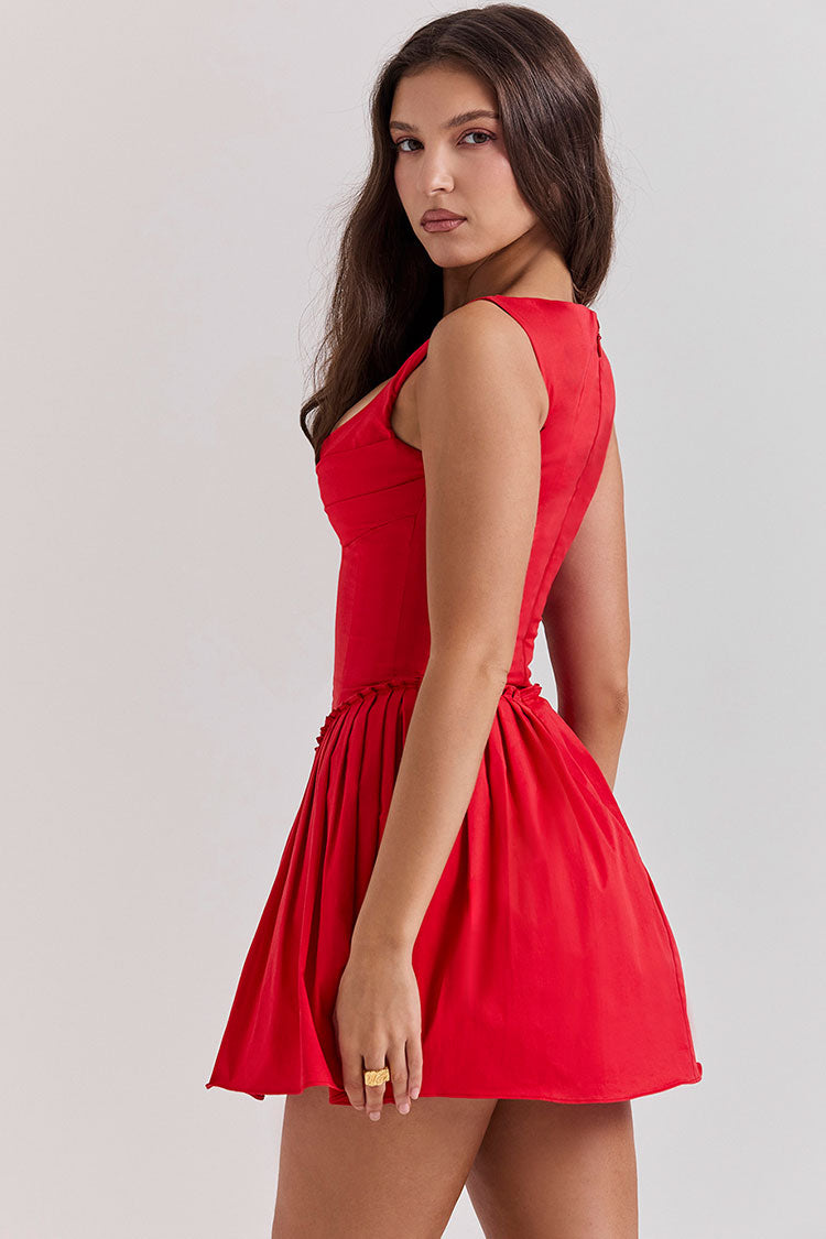 Sexy Hook & Eye Drop Waist Pleated Corset Summer Mini Sundress - Red