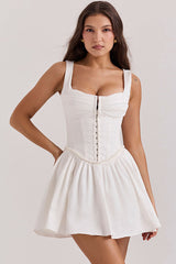 Sexy Hook & Eye Drop Waist Pleated Corset Summer Mini Sundress - White