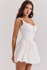 Sexy Hook & Eye Drop Waist Pleated Corset Summer Mini Sundress - White