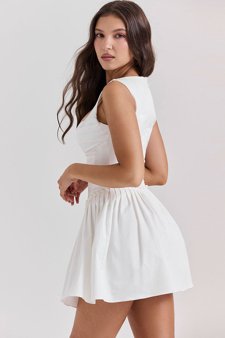 Sexy Hook & Eye Drop Waist Pleated Corset Summer Mini Sundress - White