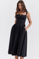 Sexy Lace Square Neck Lace Up Back Fit & Flare Midi Sundress - Black