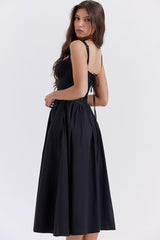 Sexy Lace Square Neck Lace Up Back Fit & Flare Midi Sundress - Black