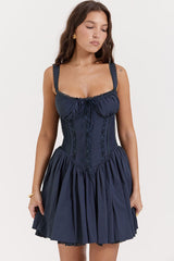 Sexy Lace Square Neck Tie Front Lace Up Back Drop Waist Mini Sundress - Navy