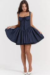 Sexy Lace Square Neck Tie Front Lace Up Back Drop Waist Mini Sundress - Navy