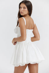 Sexy Lace Square Neck Tie Front Lace Up Back Drop Waist Mini Sundress - White