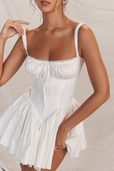 Sexy Lace Square Neck Tie Front Lace Up Back Drop Waist Mini Sundress - White