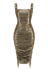 Sexy Lace Up Cutout Metallic Ruched Sleeveless Bodycon Cocktail Midi Dress