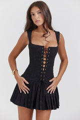 Sexy Lace Up Front Tie Sleeveless Corset Pleated Floral Party Mini Dress - Black